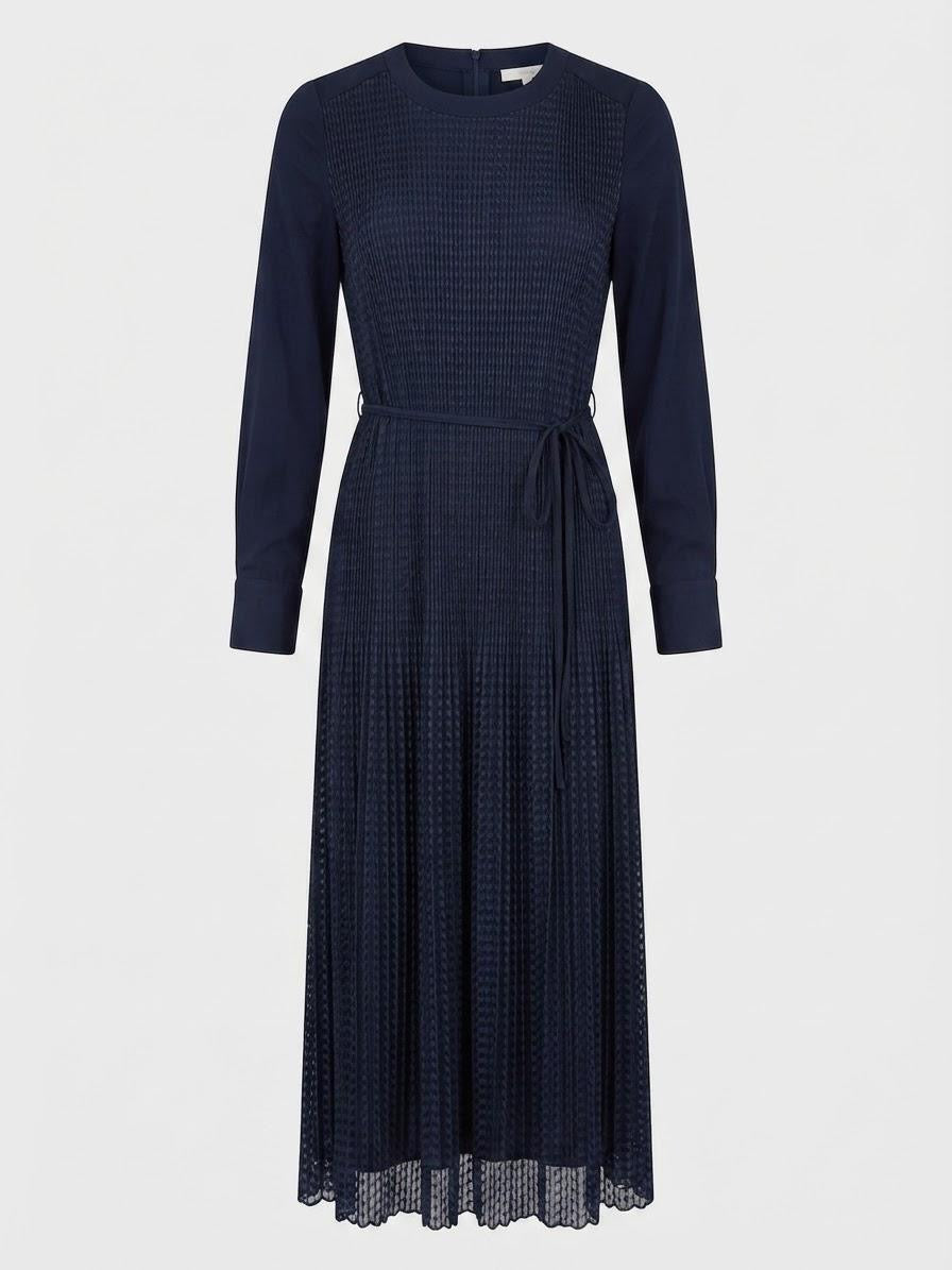 Dark Navy Micro-Pleated Poly Long Sleeve Midi Dress | Fully Lined (50" HPS)