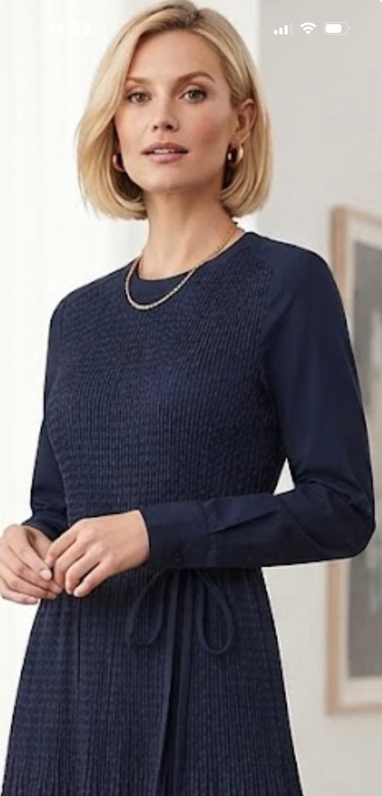 Dark Navy Micro-Pleated Poly Long Sleeve Midi Dress | Fully Lined (50" HPS)