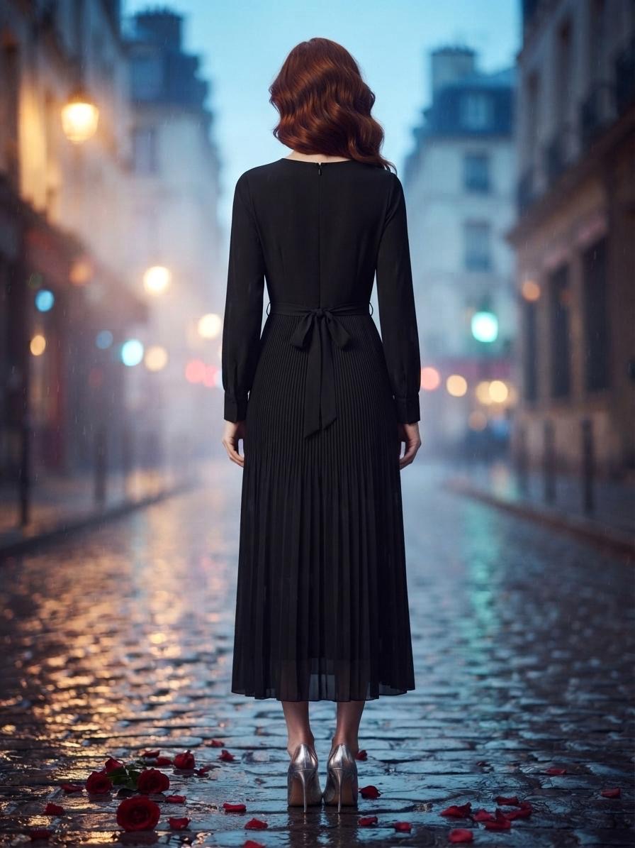 Black Poly Chiffon Micro-Pleated Midi Dress | Fully Lined Modest Belted Dress