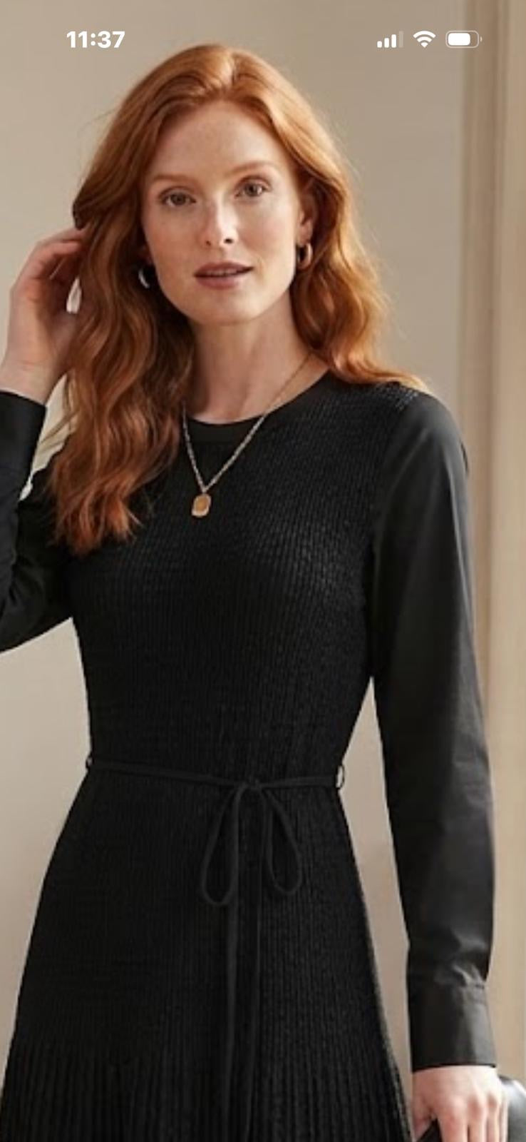 Black Poly Chiffon Micro-Pleated Midi Dress | Fully Lined Modest Belted Dress