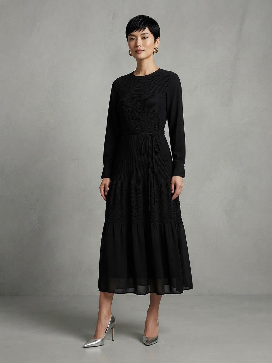 Black Poly Chiffon Micro-Pleated Midi Dress | Fully Lined Modest Belted Dress