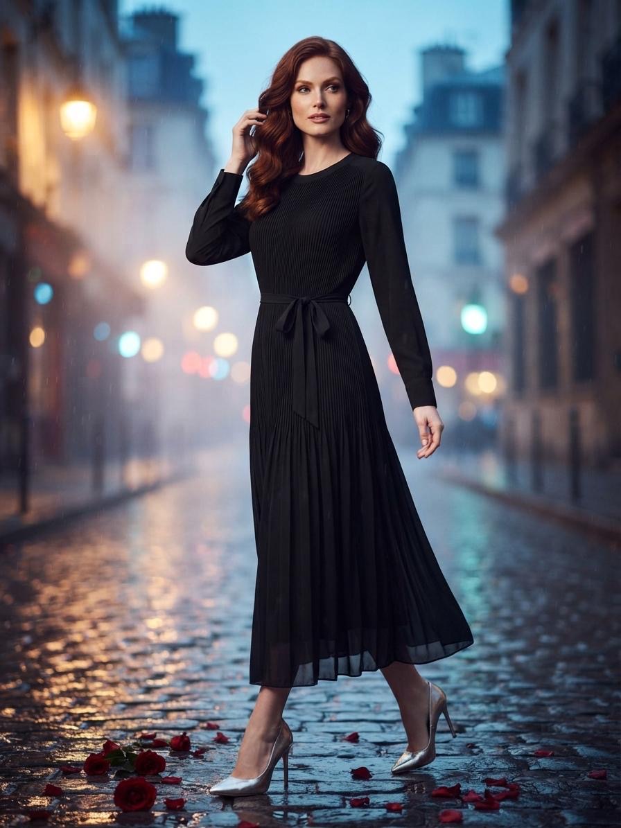 Black Poly Chiffon Micro-Pleated Midi Dress | Fully Lined Modest Belted Dress