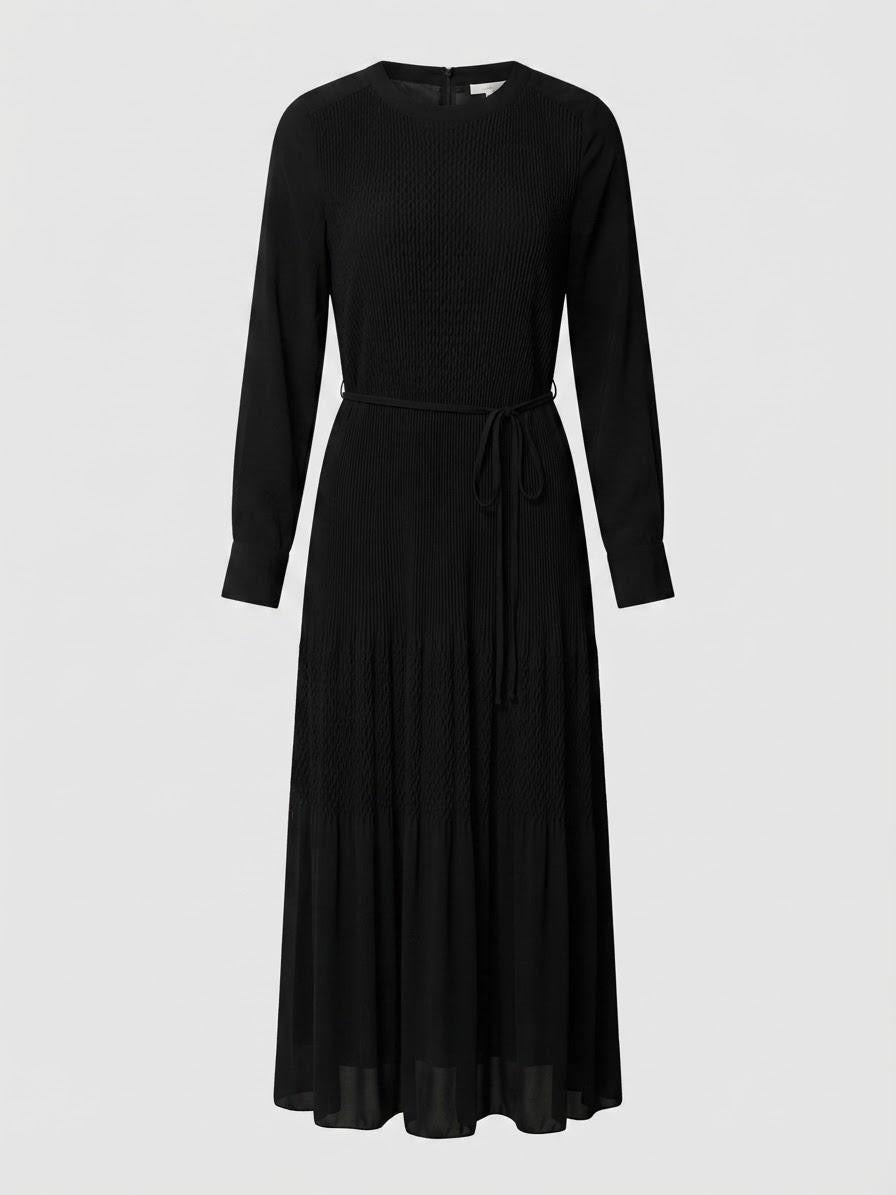 Black Poly Chiffon Micro-Pleated Midi Dress | Fully Lined Modest Belted Dress