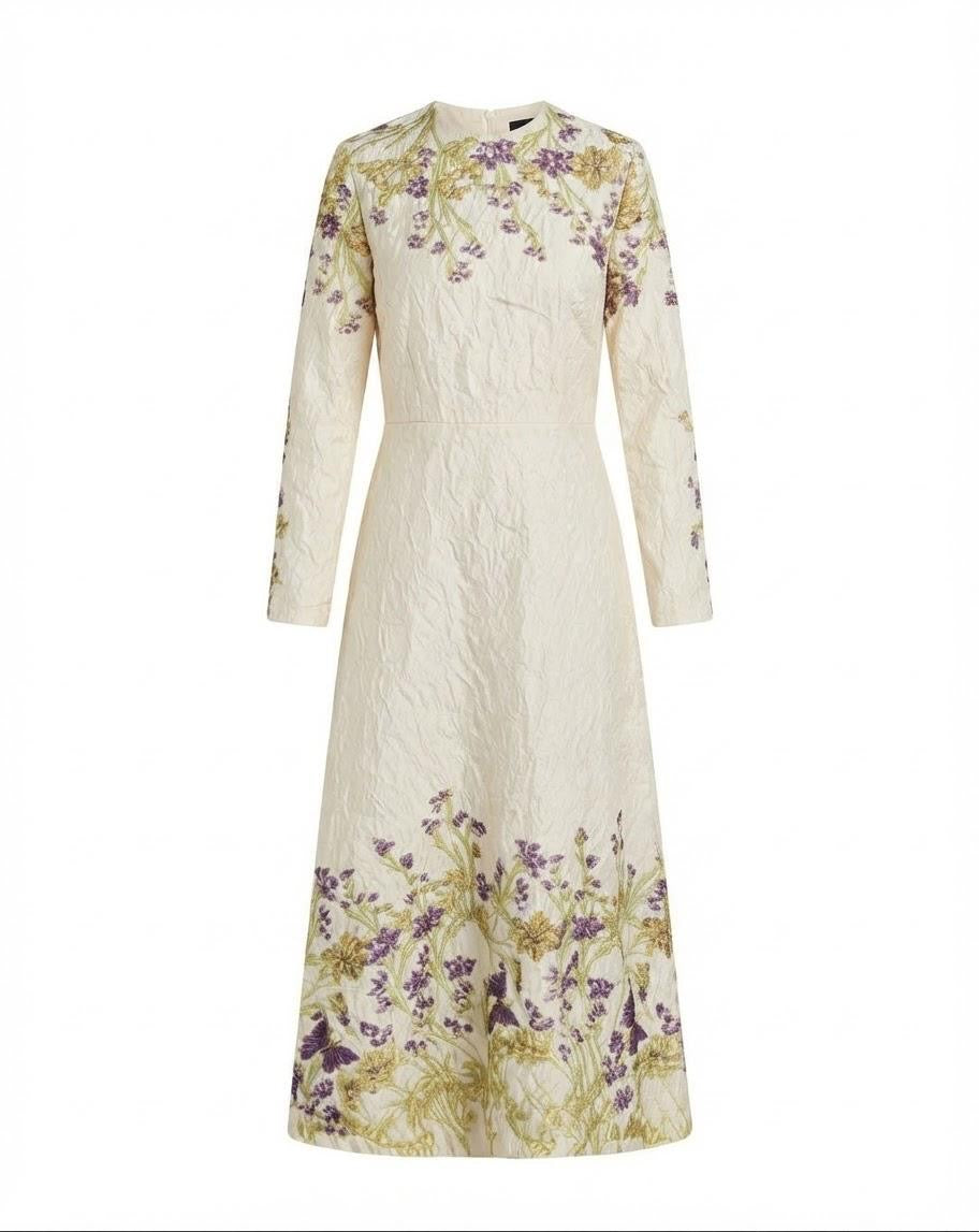 Beige Textured Floral Long Sleeve A-Line Dress