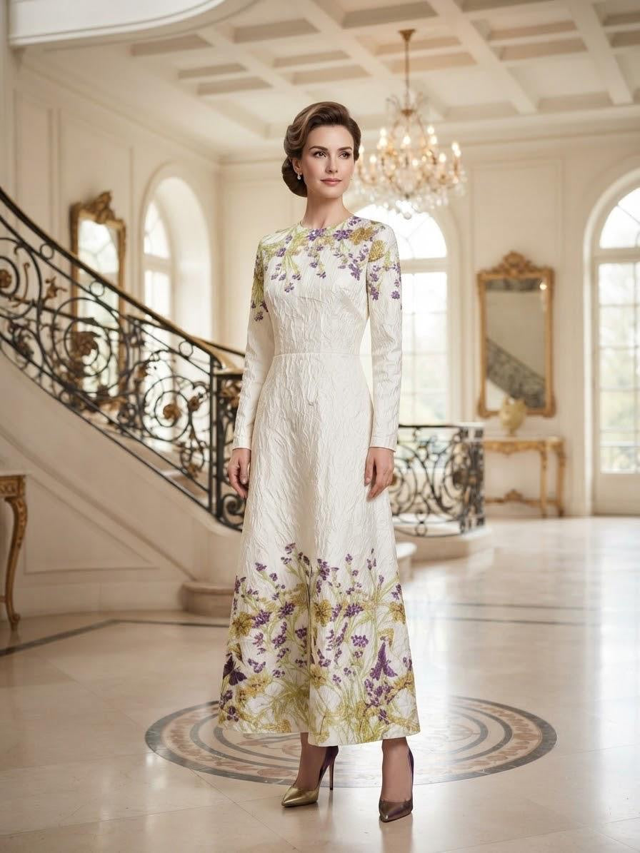 Beige Textured Floral Long Sleeve A-Line Dress