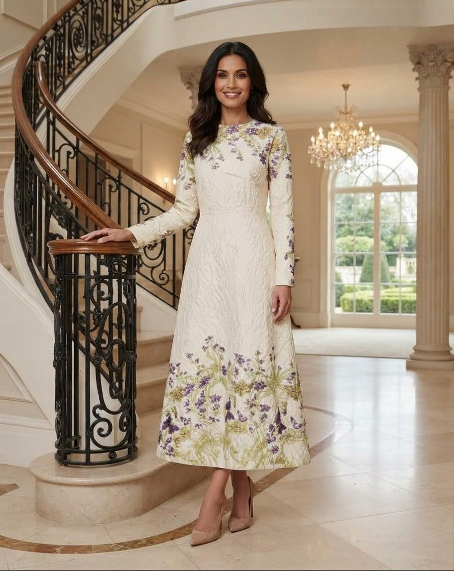 Beige Textured Floral Long Sleeve A-Line Dress