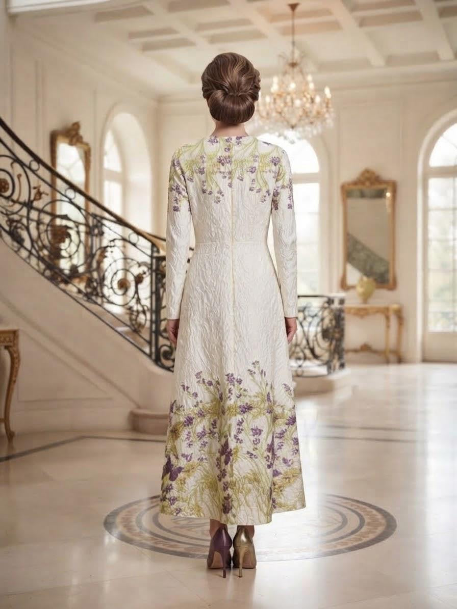 Beige Textured Floral Long Sleeve A-Line Dress