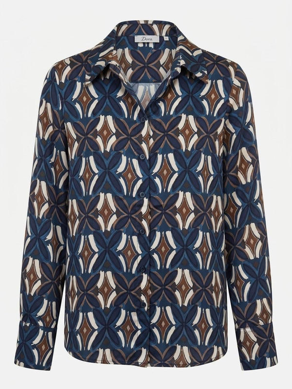 Made in Italy Women's Navy & Brown Geometric Print Satin Blouse