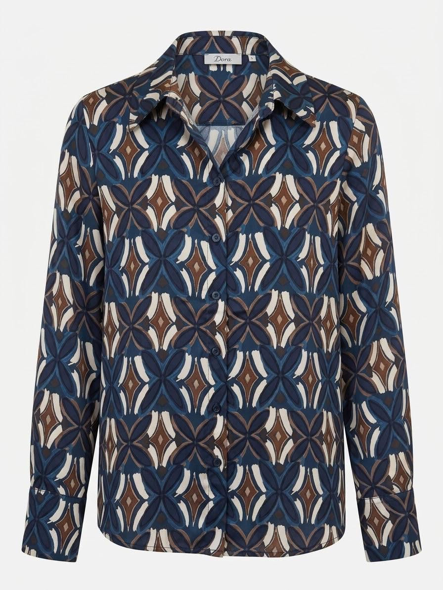 Made in Italy Women's Navy & Brown Geometric Print Satin Blouse