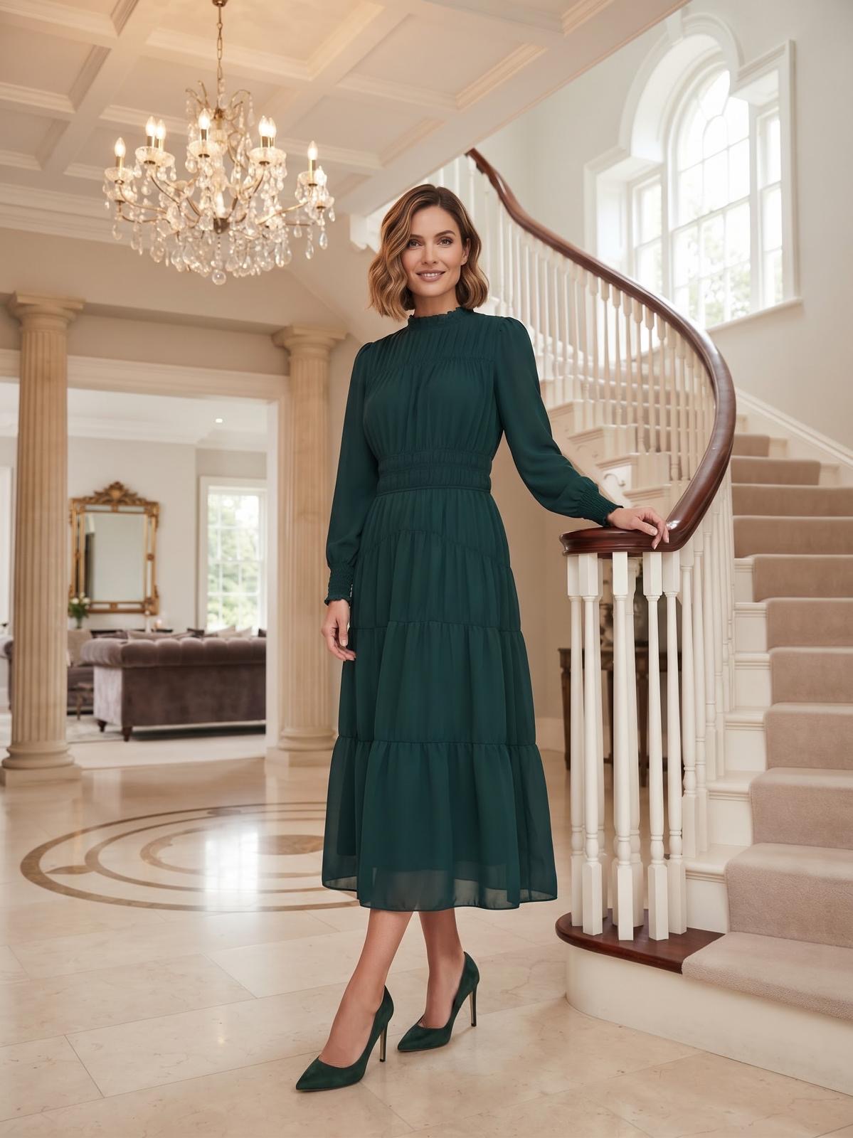 Miss Finch NYC Smocked Ruffle-Neck Tiered Midi Dress
