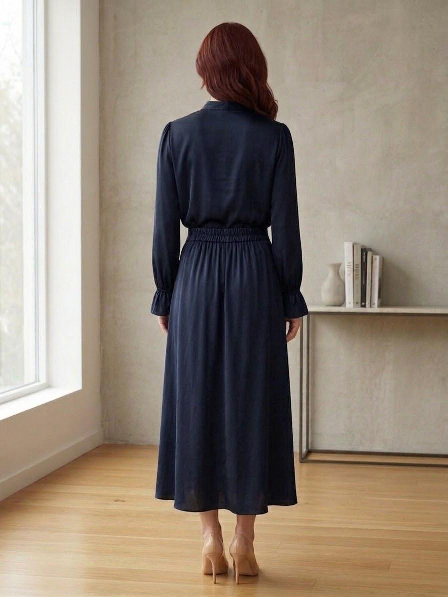 Elegant Made in Italy Navy Blue 2-Piece Satin Midi Set with Elastic Waist