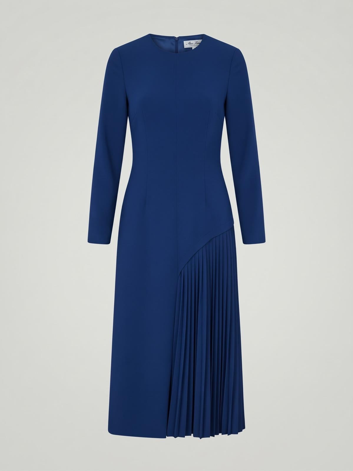 Miss Finch NYC Royal Blue Asymmetric Pleated Midi Dress