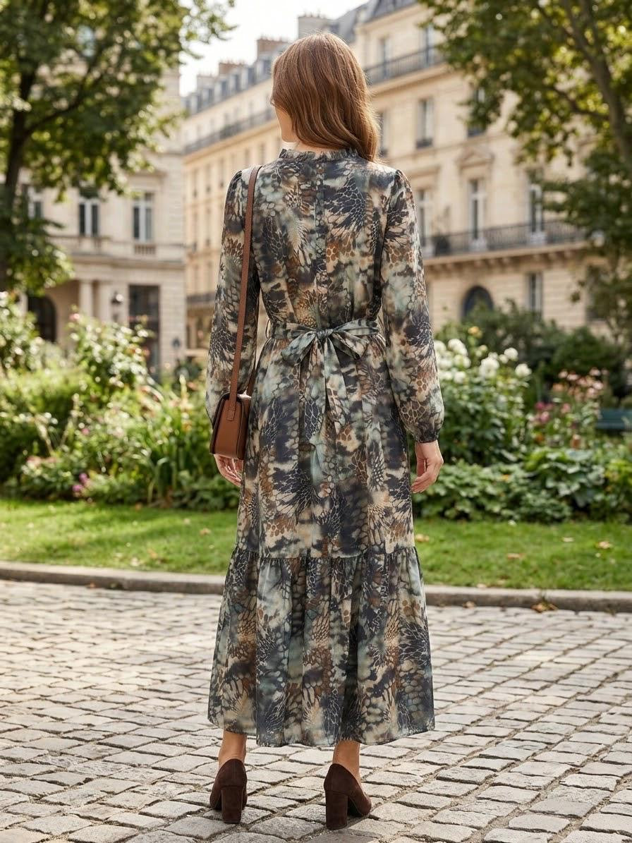 Made in Italy Women's Brown Abstract Print Belted Maxi Dress (54")