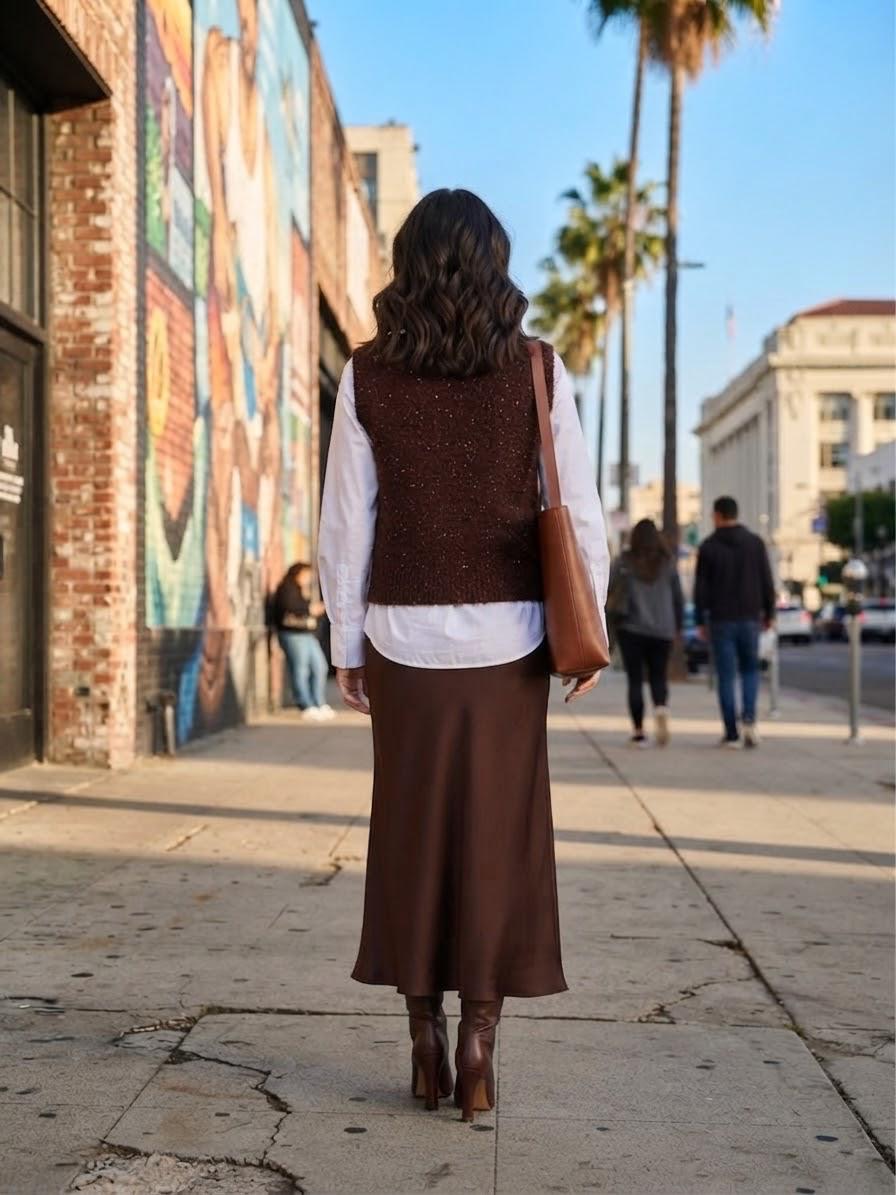 Made in Italy Knit Sweater Vest | Dark Brown Metallic Shimmer V-Neck Tank