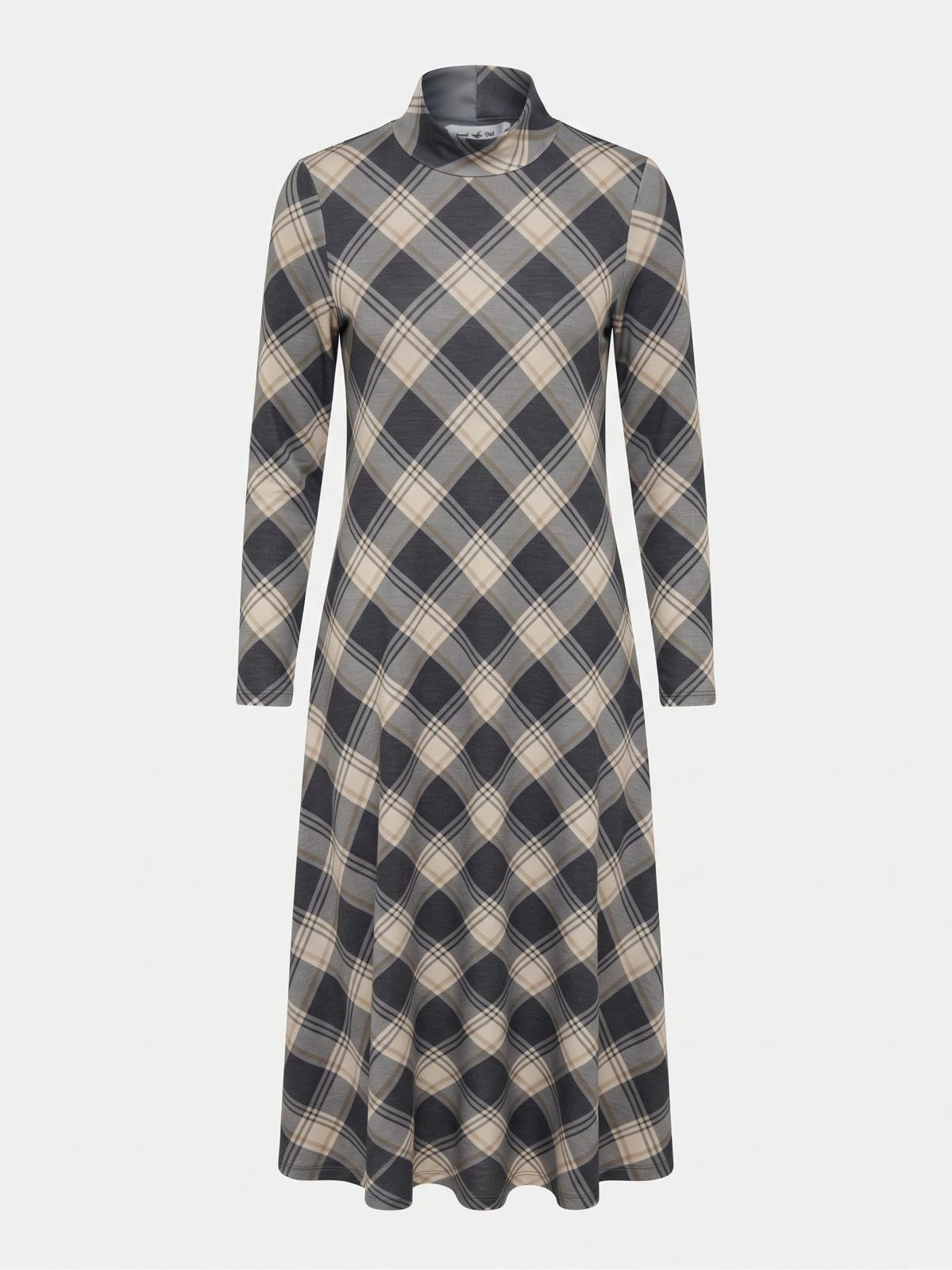 Miss Finch NYC Mock Neck Diagonal Plaid Midi Dress
