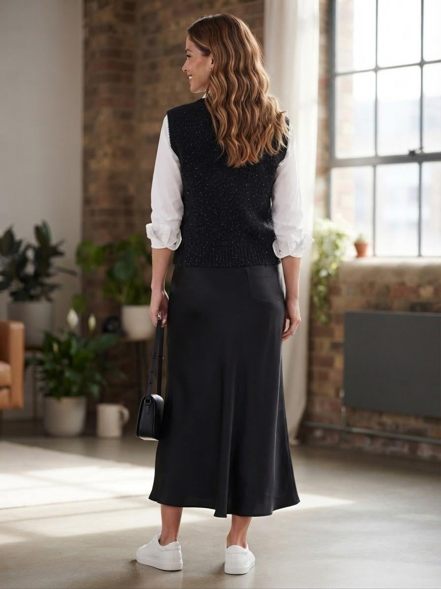 Made in Italy Knit Sweater Vest | Black Metallic Silver Shimmer V-Neck Tank