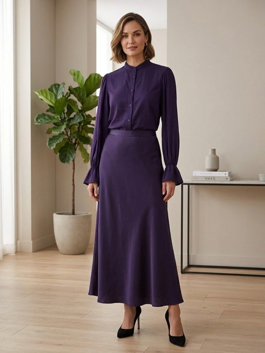 Italian Satin Viscose 2-Piece Midi Skirt Set in Aubergine