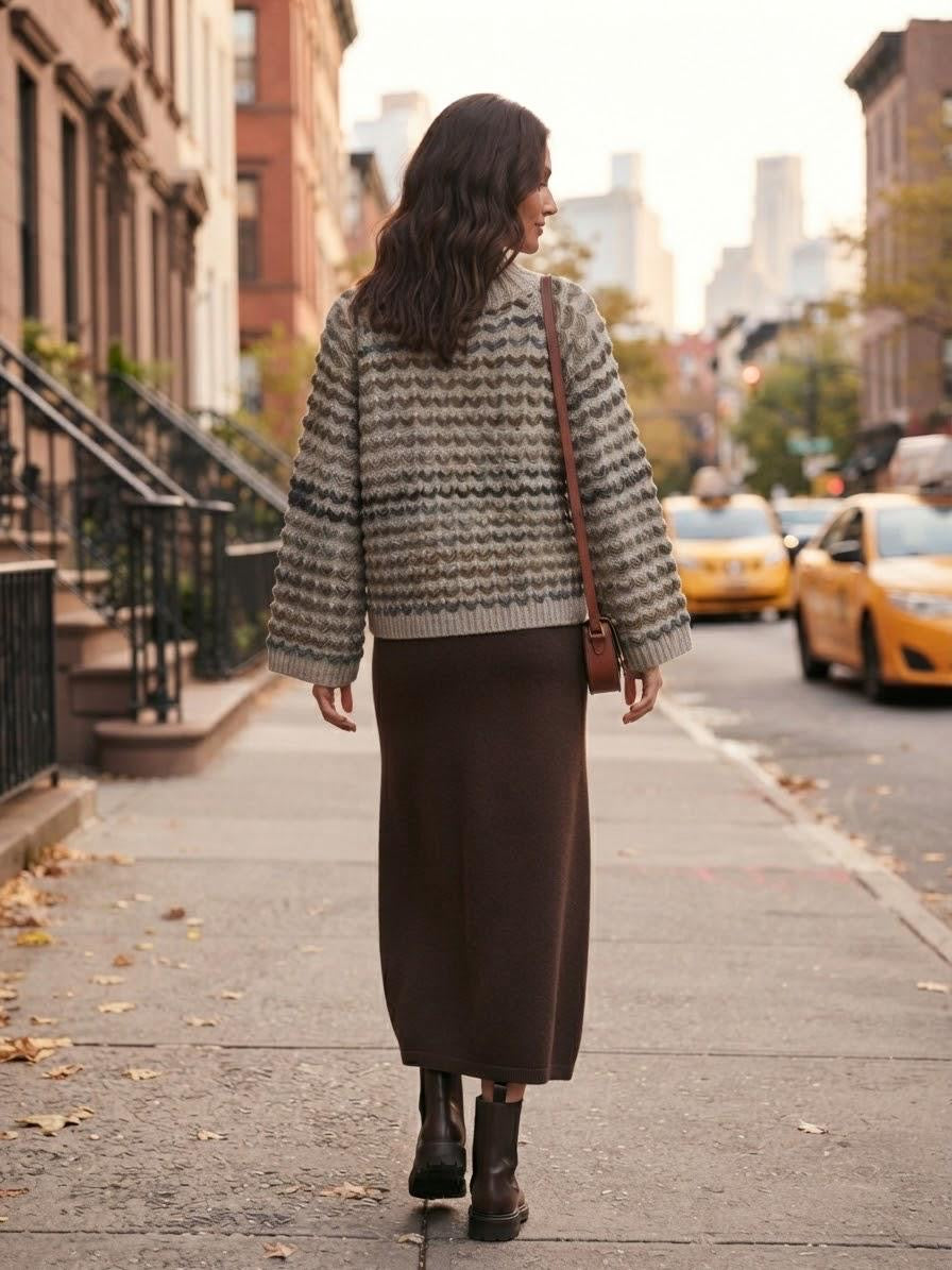 Made in Italy Beige Chevron Knit Sweater with Wide Oversized Sleeves | Wool & Acrylic