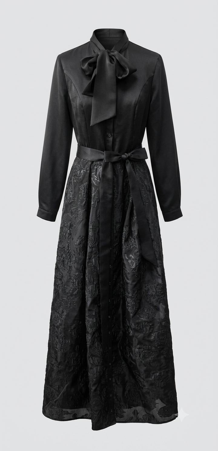 Elegant Black Bow-Neck Maxi Gown with Tie Waist