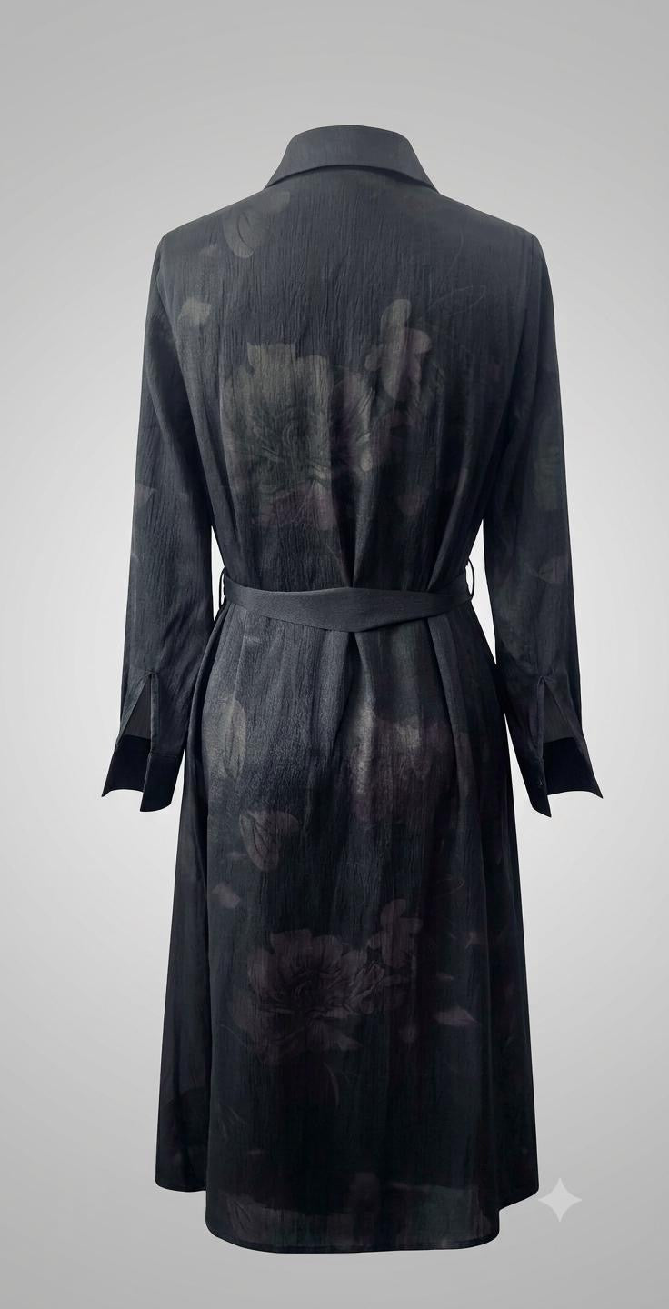 Black Chiffon Organza Layered Midi Shirt Dress