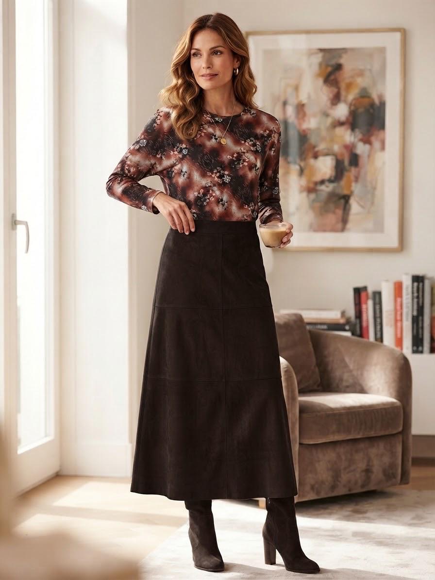 A woman stands in a bright living room wearing a sheer long-sleeve floral top with a brown and black abstract pattern, paired with a dark brown midi skirt and dark ankle boots.