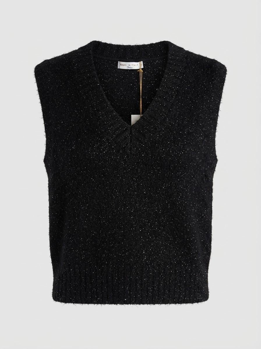 Made in Italy Knit Sweater Vest | Black Metallic Silver Shimmer V-Neck Tank