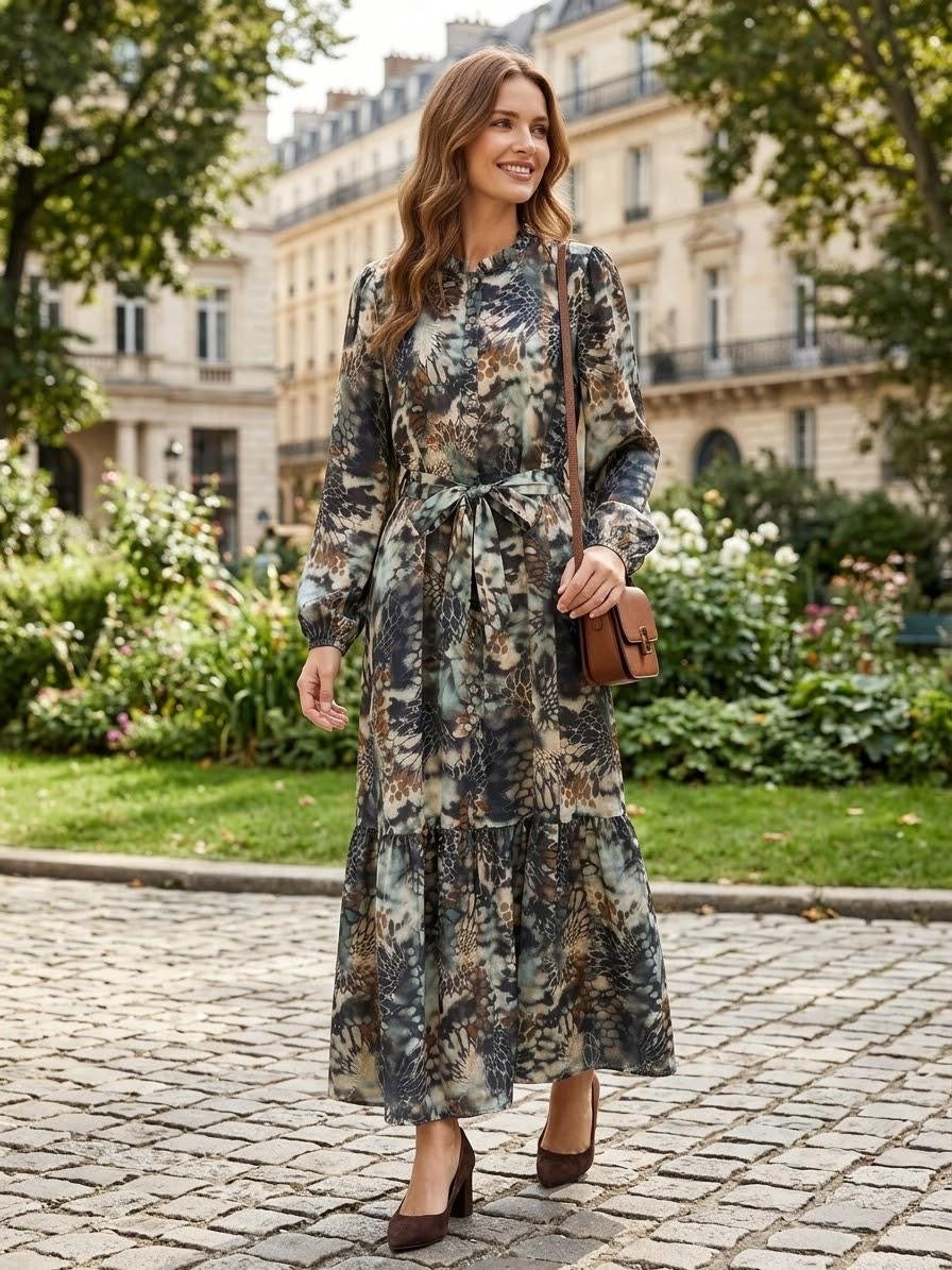 Made in Italy Women's Brown Abstract Print Belted Maxi Dress (54")