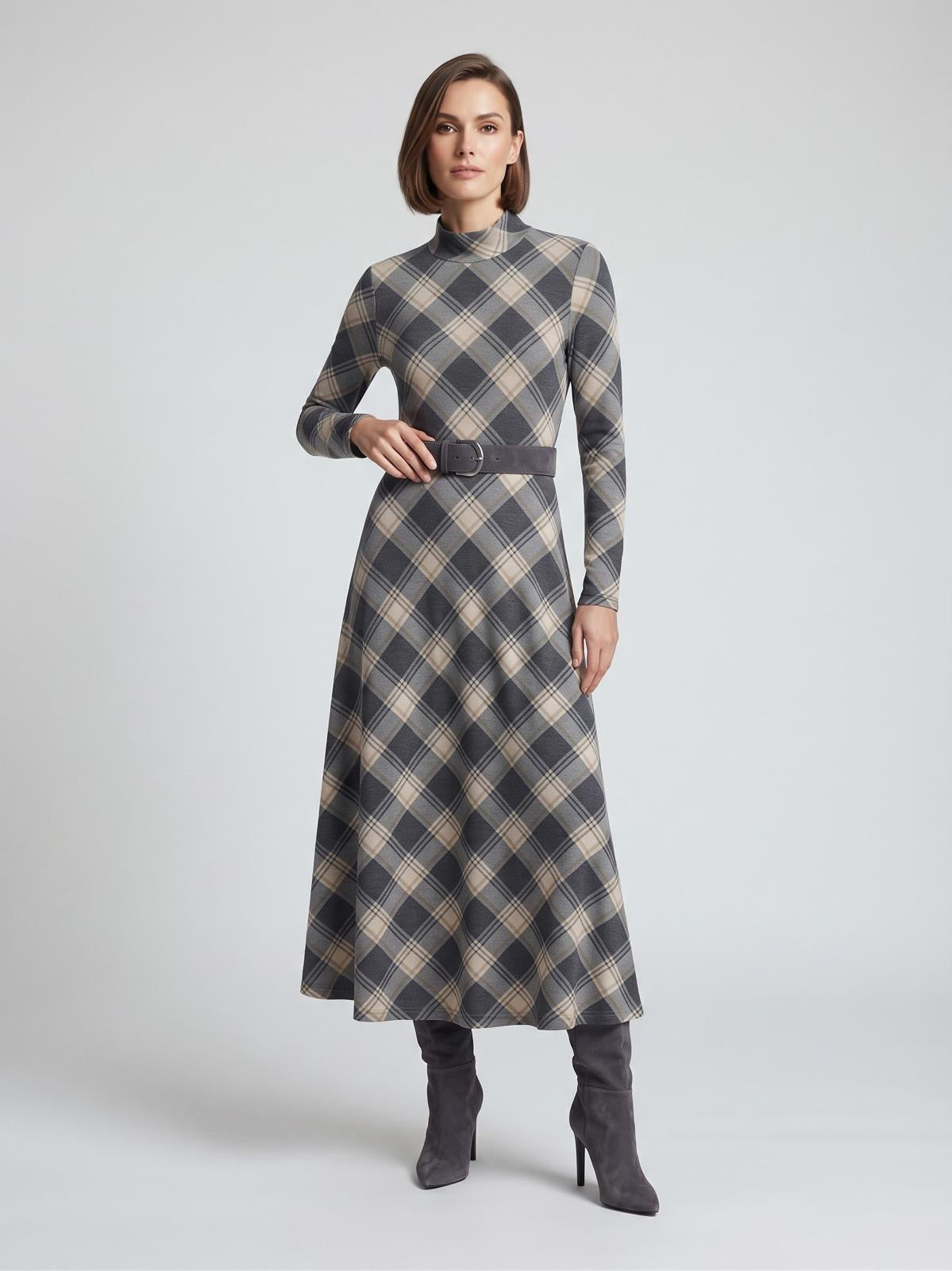 Miss Finch NYC Mock Neck Diagonal Plaid Midi Dress