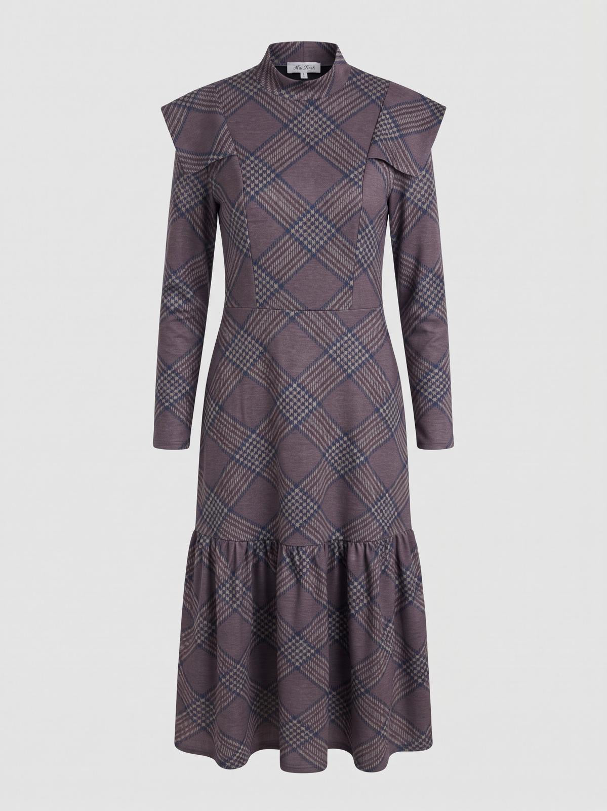 Miss Finch NYC Mock Neck Plaid Knit Midi Dress with Ruffle Details