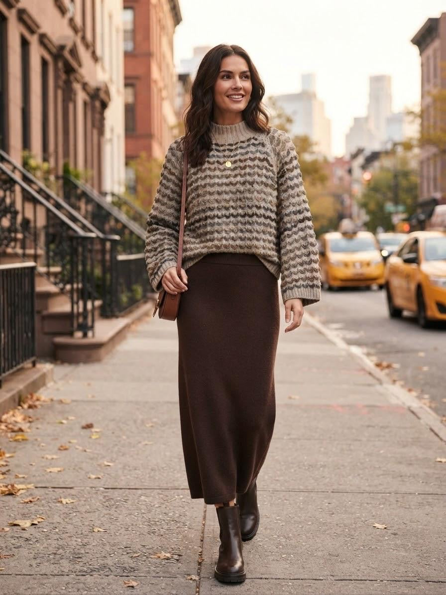 Made in Italy Beige Chevron Knit Sweater with Wide Oversized Sleeves | Wool & Acrylic
