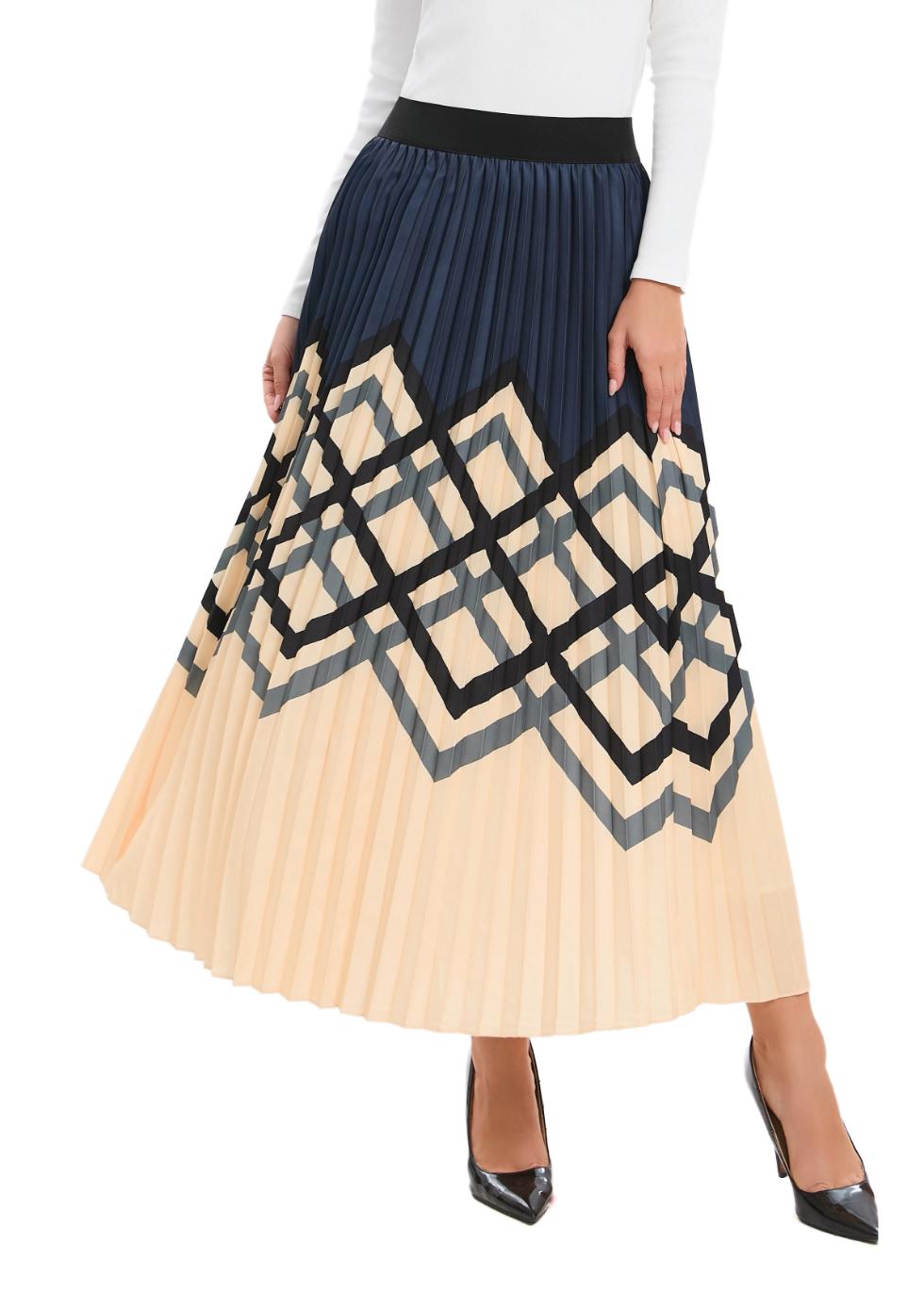 Chic Print Elastic Pleated Midi Skirt