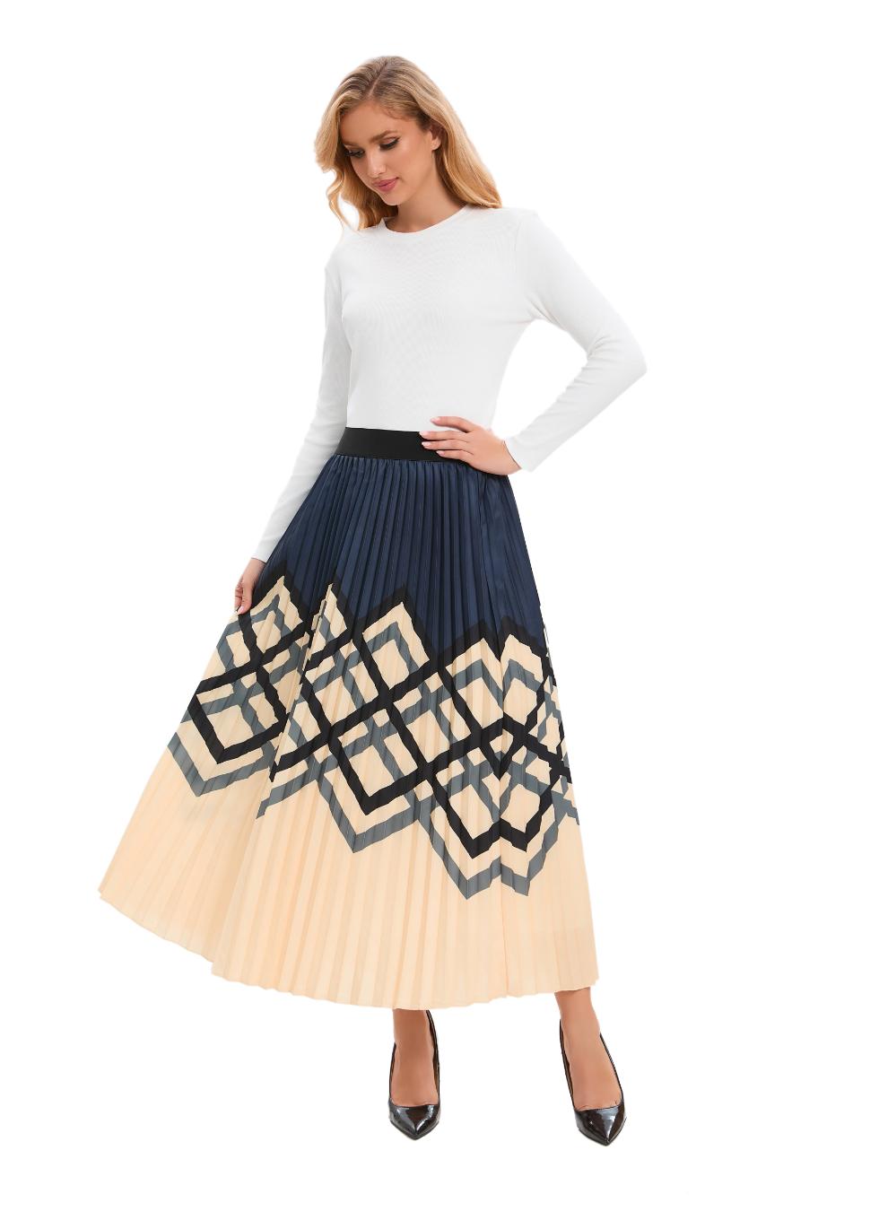 Chic Print Elastic Pleated Midi Skirt