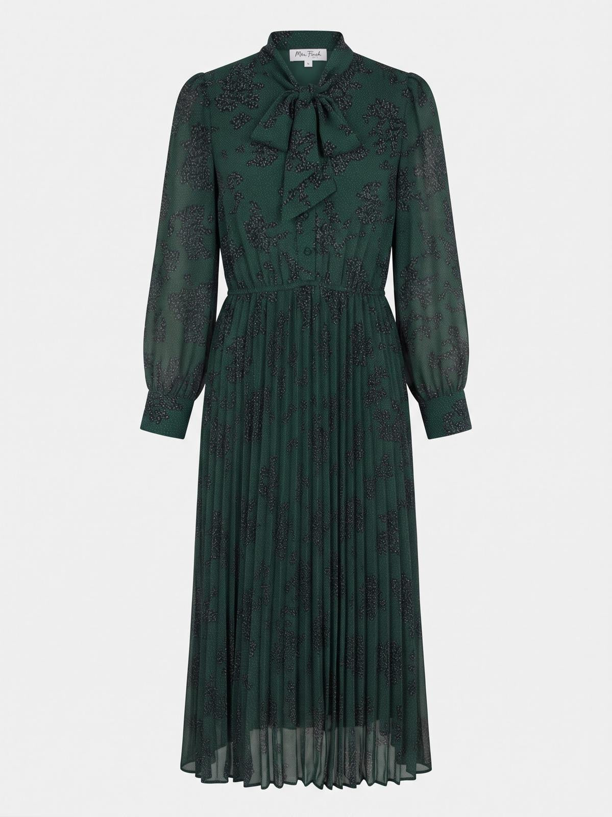 Miss Finch NYC Emerald Bow-Neck Pleated Midi Dress