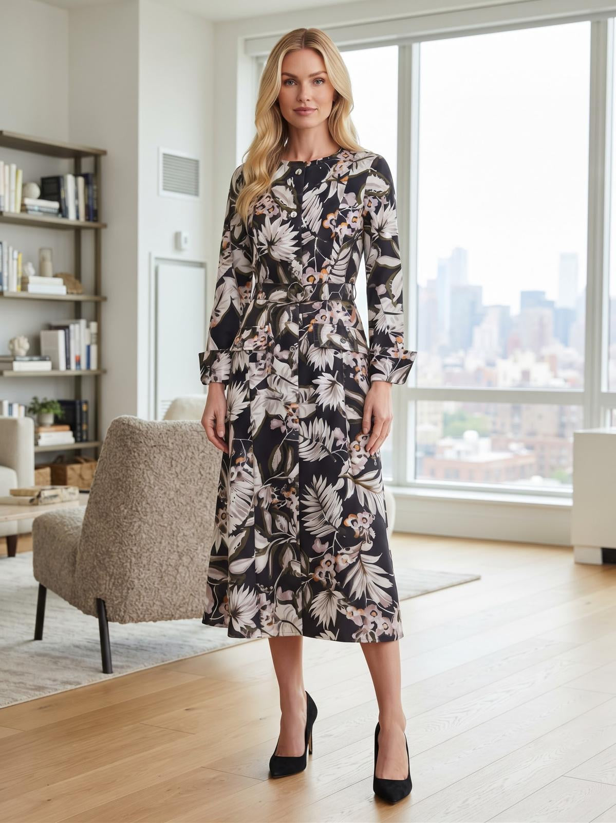 Miss Finch NYC Tropical Floral Print Midi Dress with Matching Belt