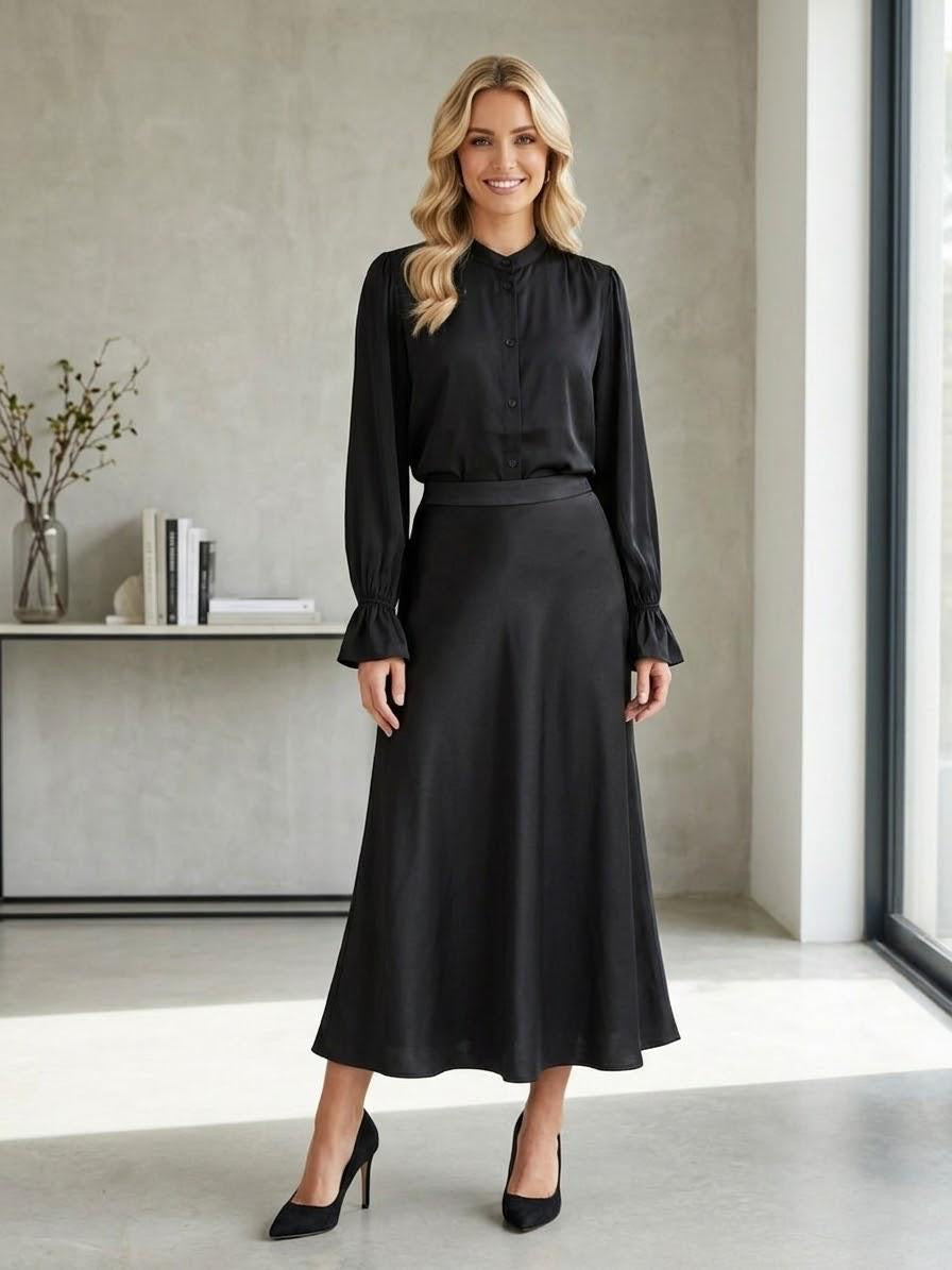 Elegant Black 2-Piece Satin Midi Set with Elastic Waist | Made in Italy