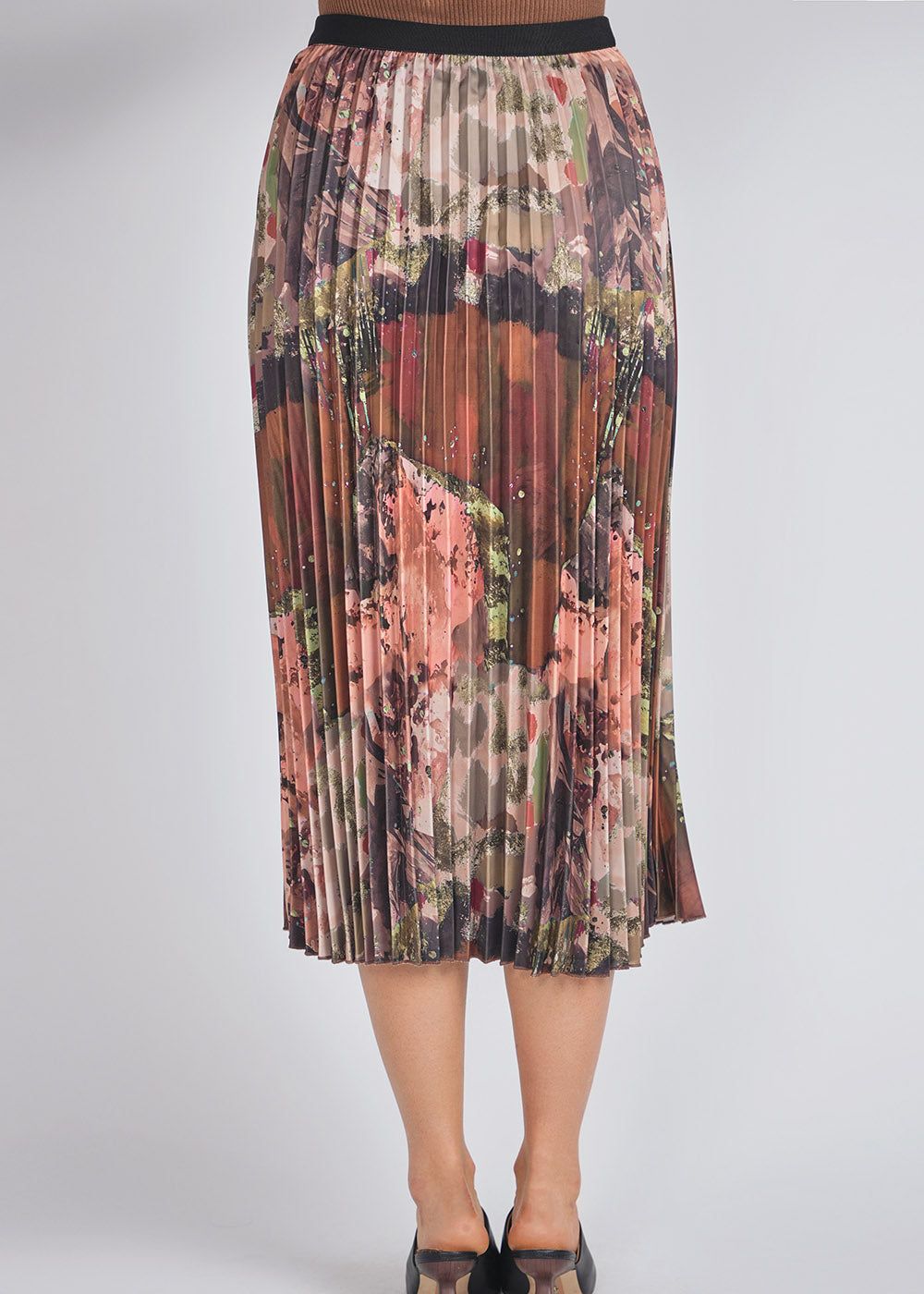 Abstract Brown Pleated Midi Skirt