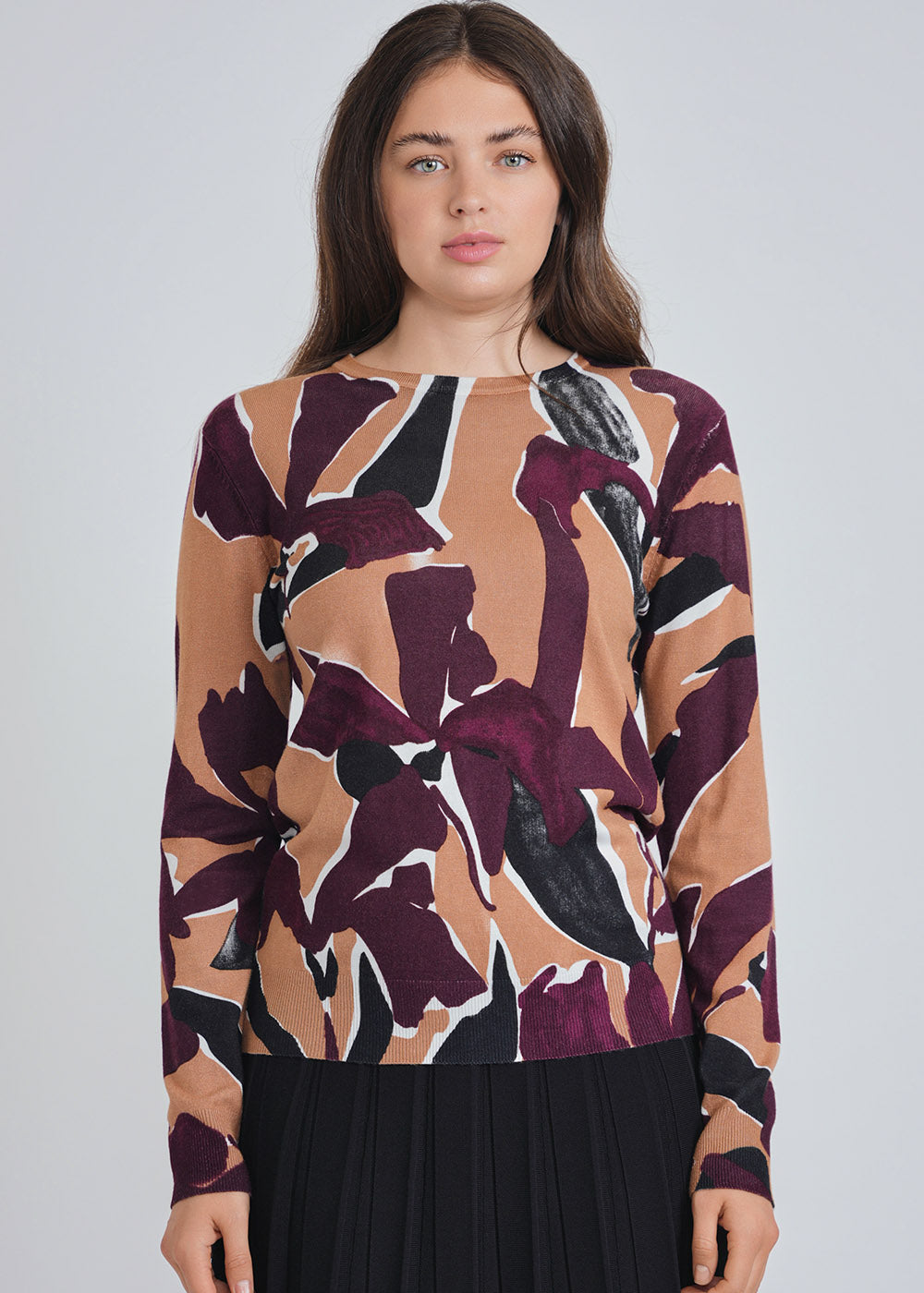 Abstract Burgundy Camel Knit Top