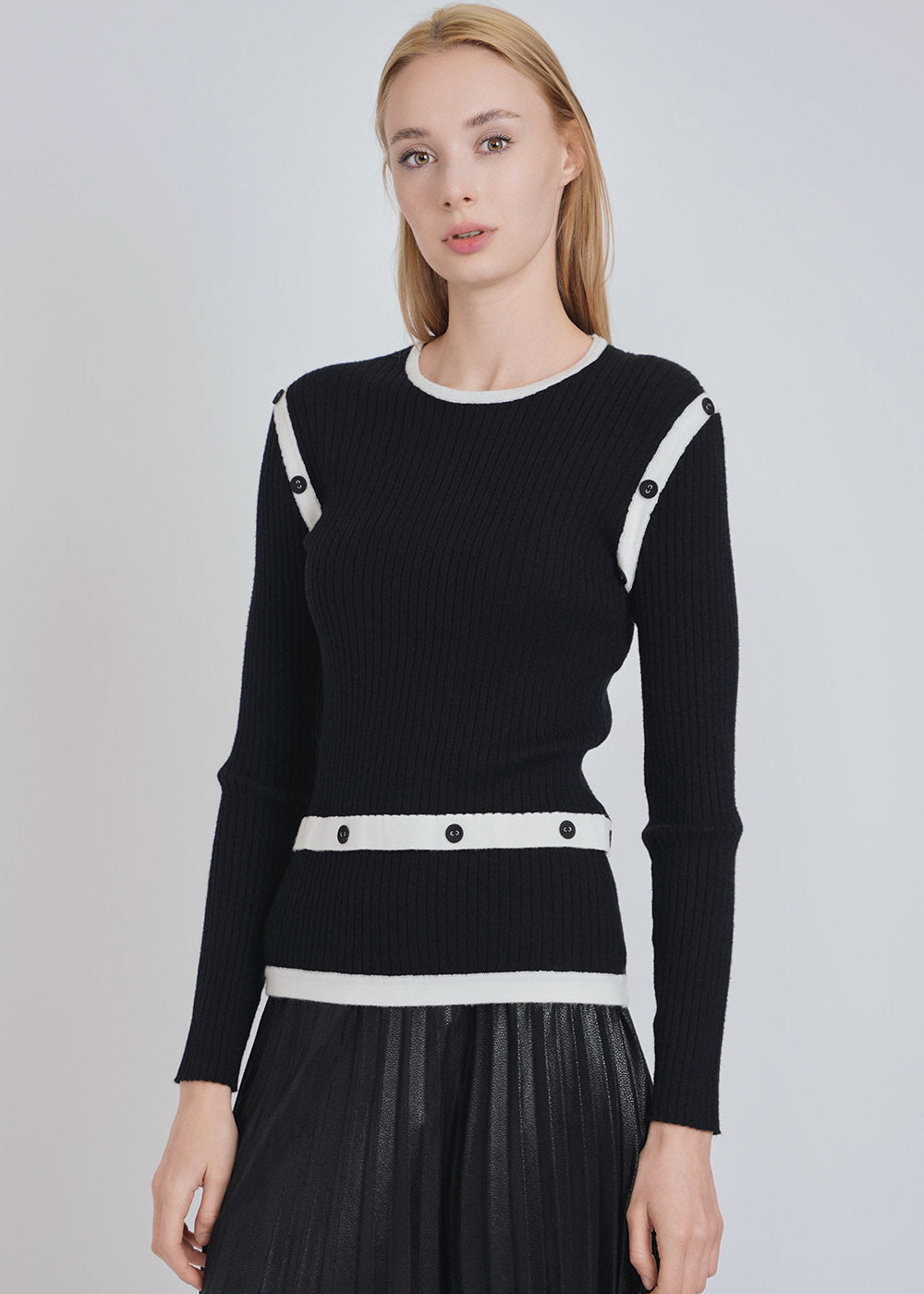 Ribbed Knit Sweater with White Button Bands