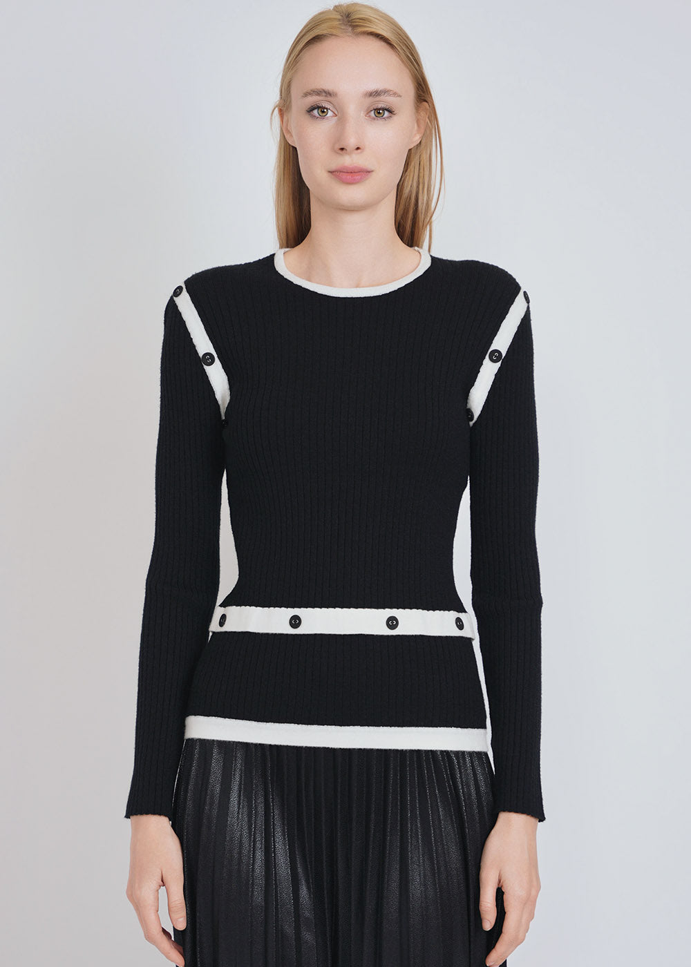 Ribbed Knit Sweater with White Button Bands