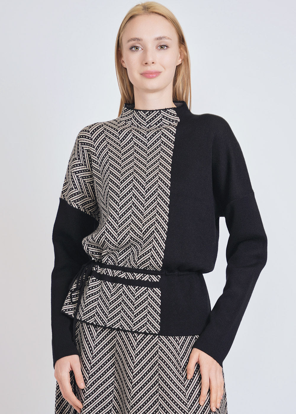 Chic Block Sweater with Waist Cord