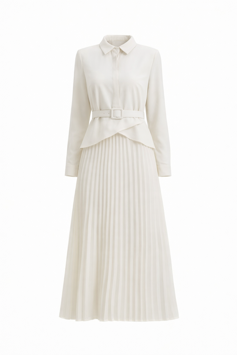 pleated high neck midi dress Ivory Paris Pleated Midi Dress M