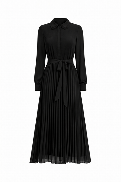 black dress white pleats Two Tone Pleated Midi Dress main image 0