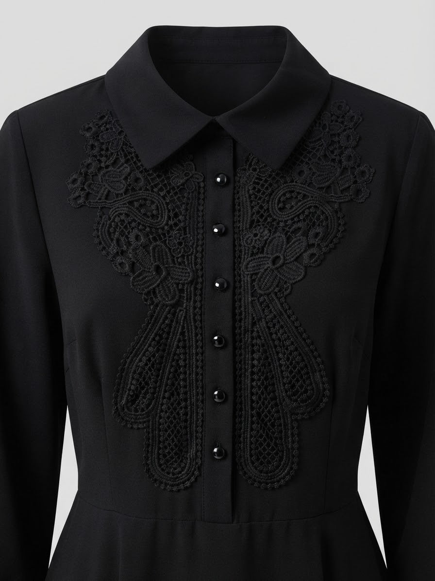 Noir Embroidered Lace Pleated Midi Dress | Miss Finch NYC