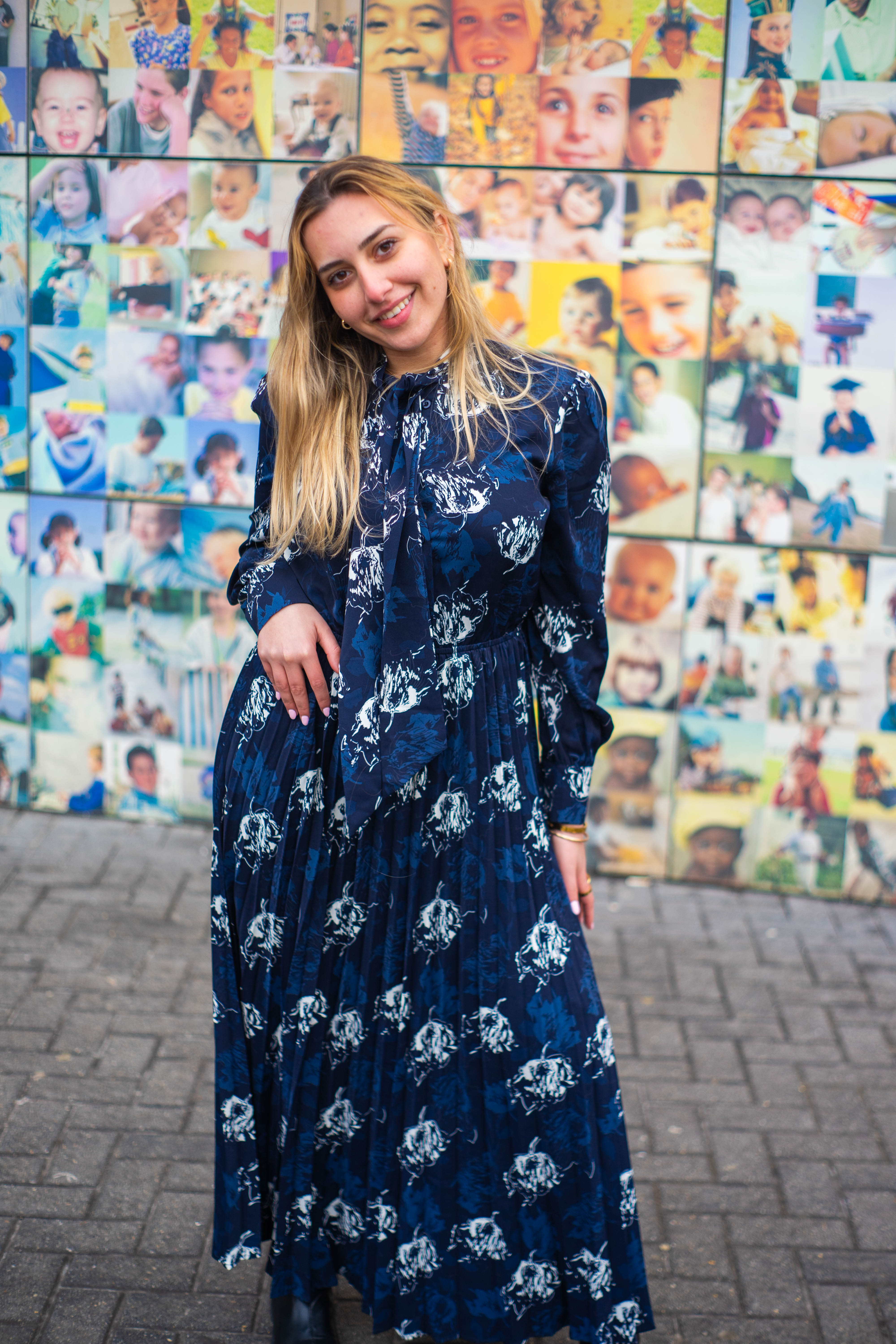 Navy Bloom Pleated Dress