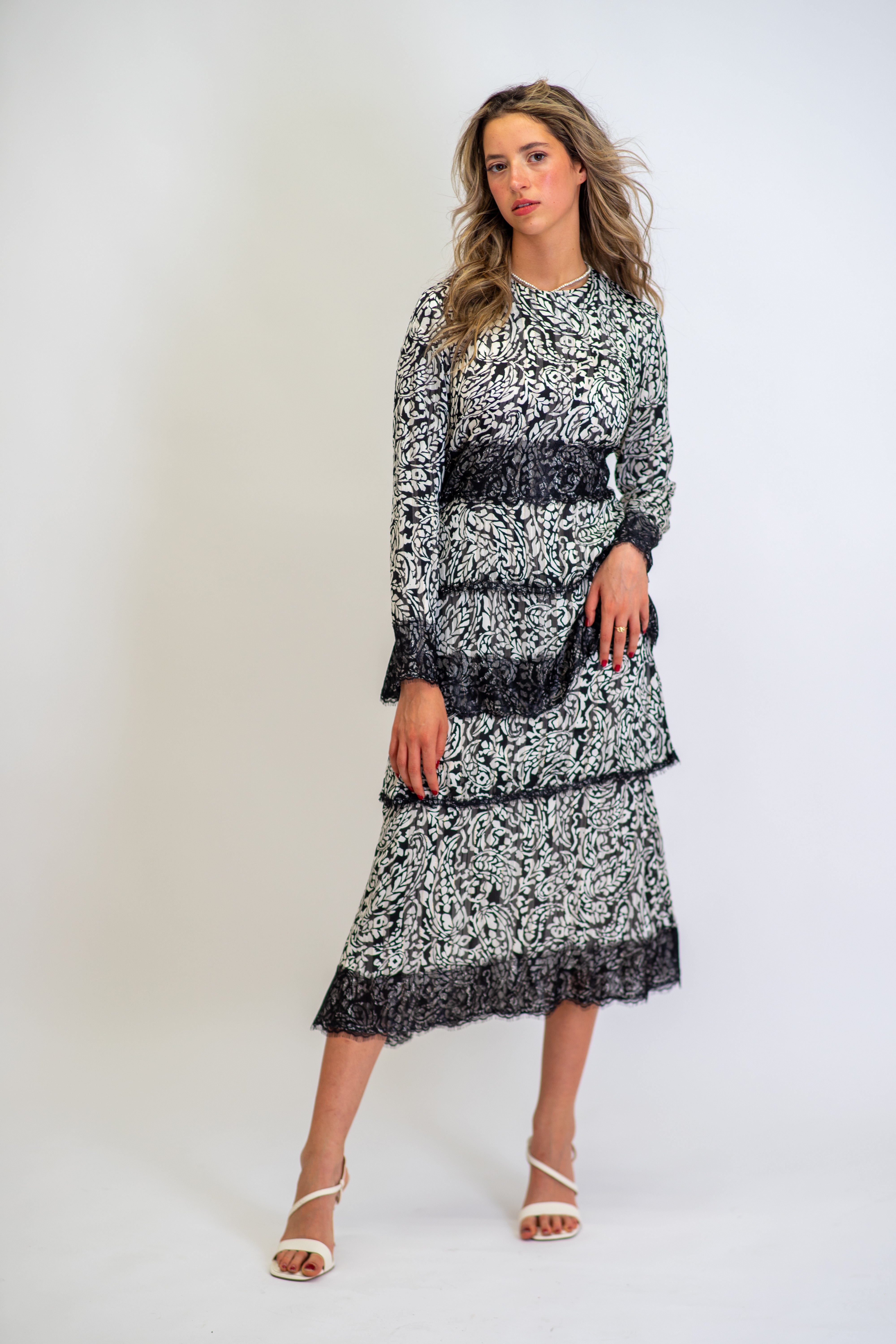 Ink Blossom Tiered Midi Dress