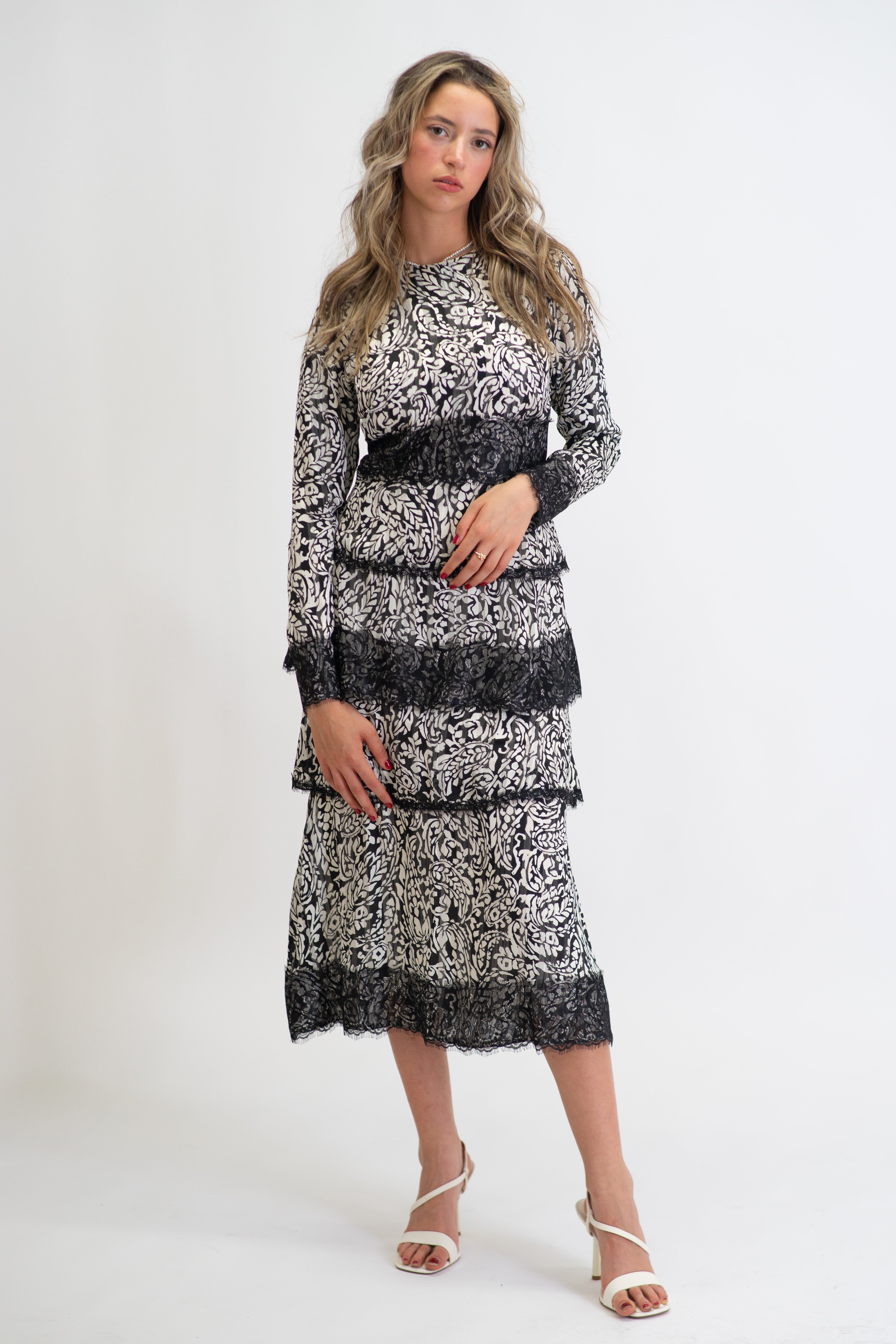 Ink Blossom Tiered Midi Dress