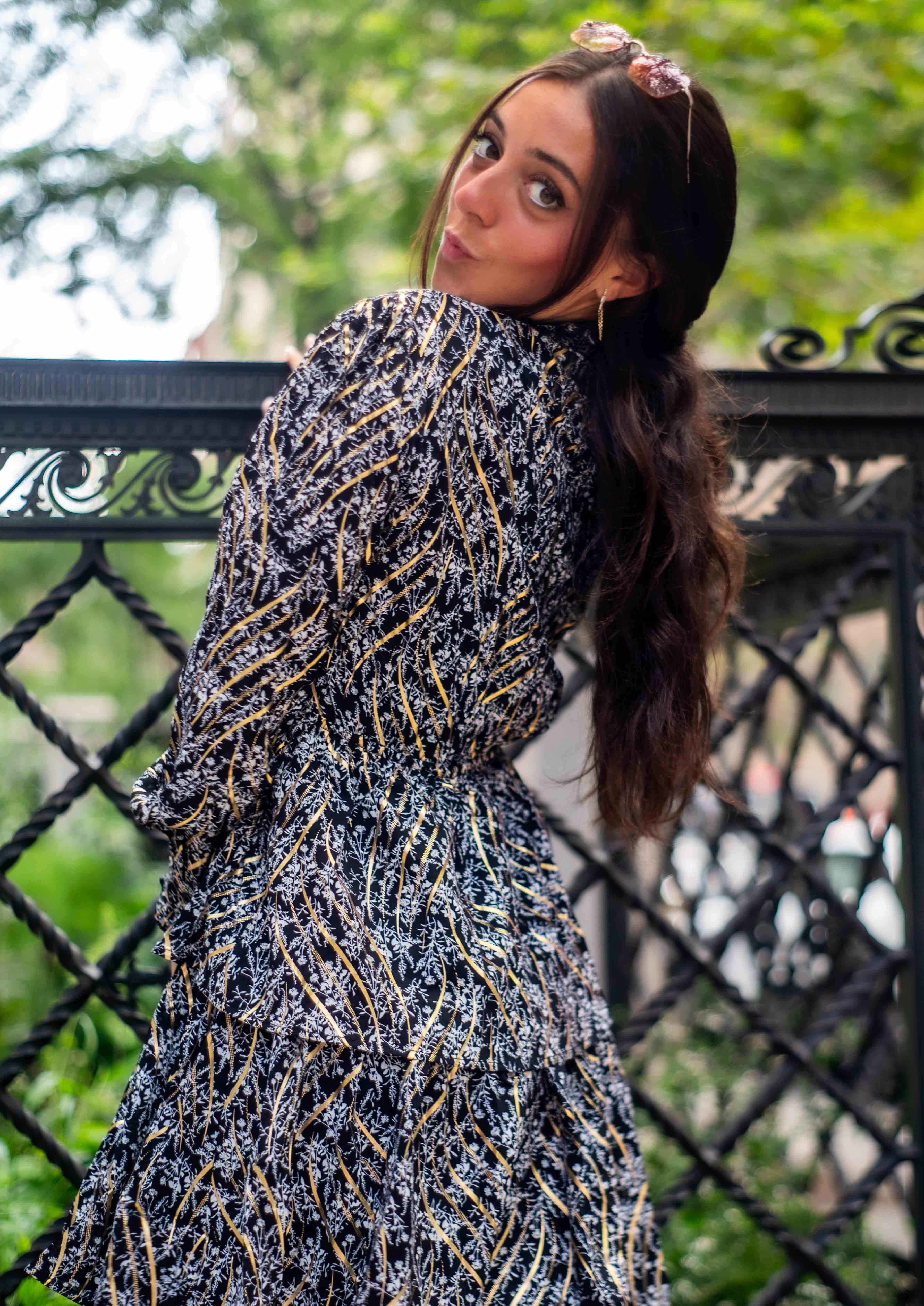 Tiered Gold Foliage Midi Dress