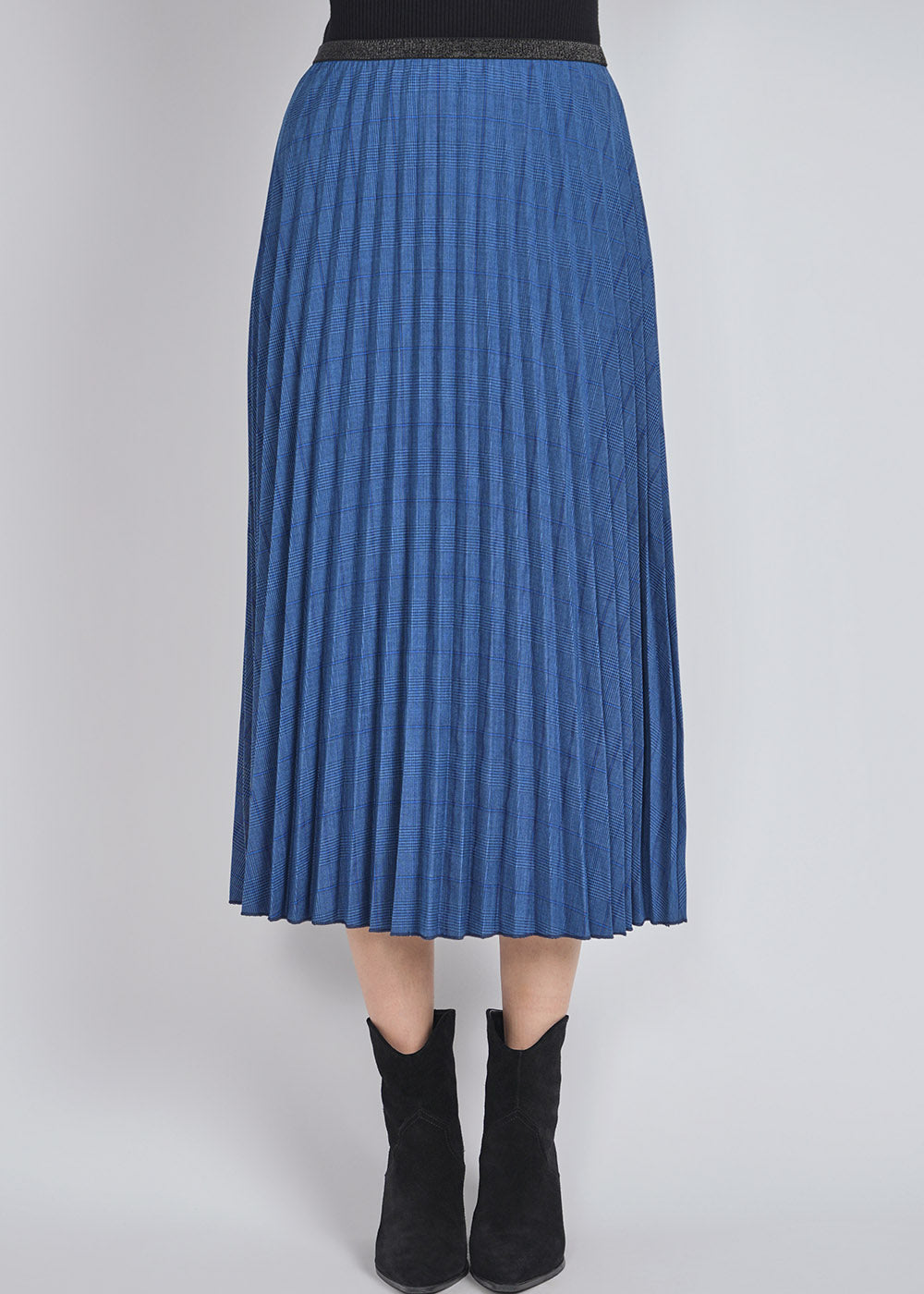 Royal Blue Plaid Pleated Midi Skirt