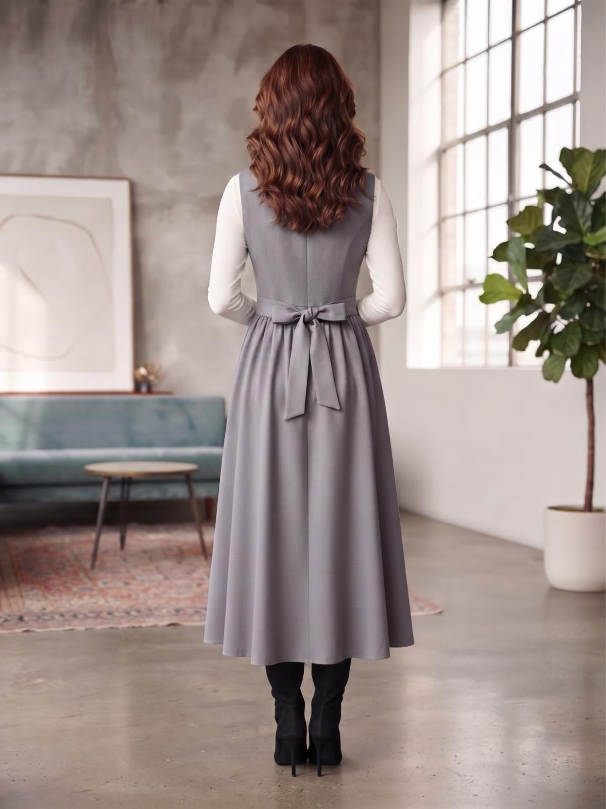 Miss Finch NYC Sleeveless Drop-Waist Jumper Dress with Back Tie in Heather Grey