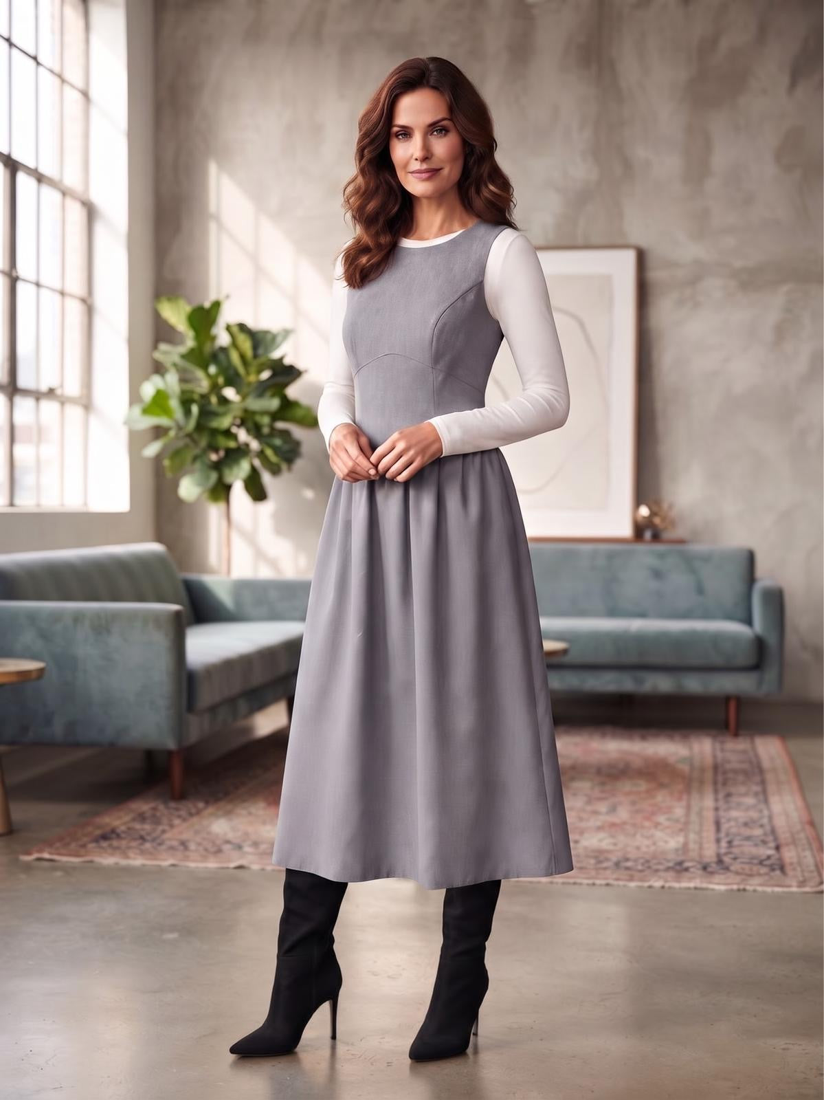 Miss Finch NYC Sleeveless Drop-Waist Jumper Dress with Back Tie in Heather Grey